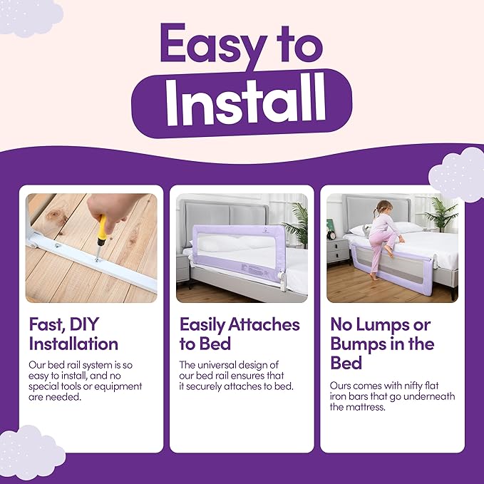 ComfyBumpy 1-Pack Bed Rail for Toddlers 55.5" L x 19.5" H | Toddler Bed Rails for Twin, Full, Queen & King Mattress Size | Swing Down Rail Guard | Mattress Side Rail for Kids | Purple