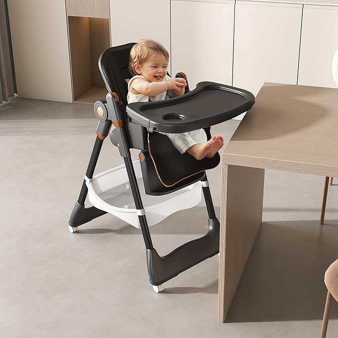 3-in-1 Foldable High Chair for Babies & Toddlers, Adjustable Height, Reclining Seat, Wheels with Safety Locks, Removable Tray, Space-Saving Multifunctional Baby Dining Chair (Black)