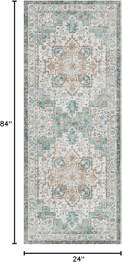 GENIMO 2x7 Runner Rugs for Hallway, Machine Washable Non Slip Vintage Rugs, Low Pile Lightweight Soft Print Rug for enrtyway, Corridor, Home Office, Kitchen, Cyan