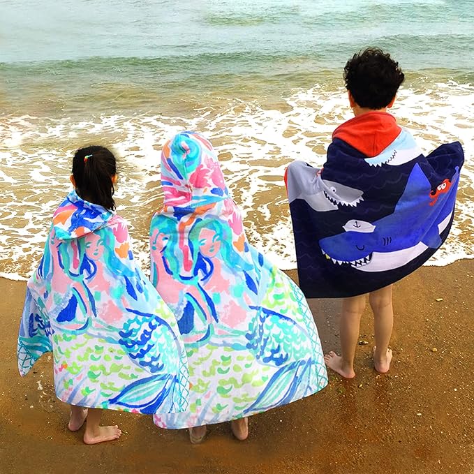 BANGSAUR Kids Hooded Beach Bath Towels, 100% Cotton 50"x30" Wrap Bathrobe, Toddlers Boys 3-12 Years Coverup Towel Ocean Fish