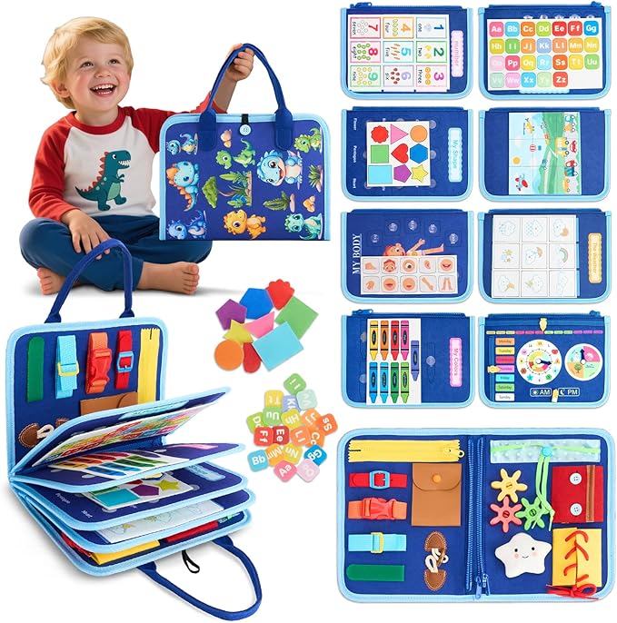 Toddler Busy Board Montessori Toys, Sensory Toys for 1 2 3 4 Year Old Boy, Busy Book Travel Educational Activities for Learning Fine Motor Skills Birthday Gifts (Blue Dinosaur/P10)