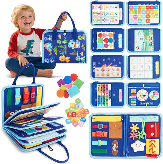 Toddler Busy Board Montessori Toys, Sensory Toys for 1 2 3 4 Year Old Boy, Busy Book Travel Educational Activities for Learning Fine Motor Skills Birthday Gifts (Blue Dinosaur/P10)
