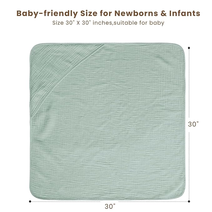 Konssy 2-Pack Muslin Hooded Baby Towels, 100% Cotton, Ultra-Soft & Absorbent Baby Bath Towels with Hood for Newborn & Infant (Green, Leafy,30" x 30")