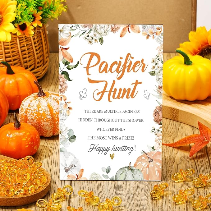 Thyle 51 Pcs Pacifier Hunt Baby Shower Games Include Hunt Sign and 50 Acrylic Pacifiers for Baby Shower Game Decoration Gift Sets Gender Reveal Party Decor(Pumpkin)
