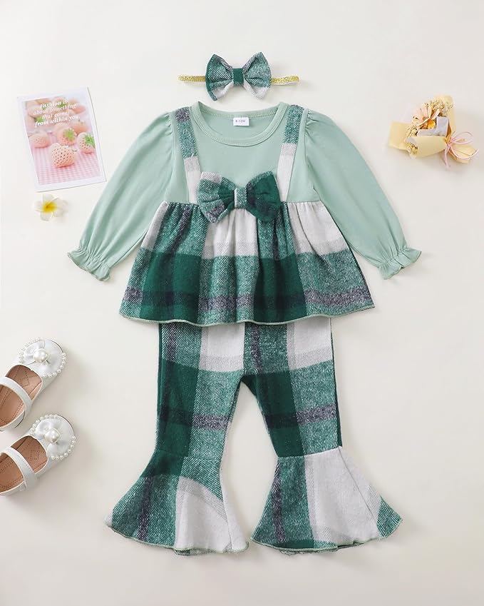 Kucnuzki Toddler Baby Girl Clothes Outfit Long Sleeve Plaid T Shirt Top Flare Leggings Pants 2 Piece Outfit Kids Clothes