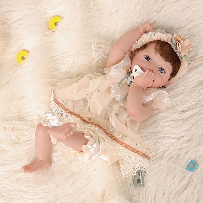 20-Inch Lifelike Reborn Baby Doll, Realistic Baby Doll with Cute Skirts, Poseable Smiling Full-Body Vinyl Baby Dolls for 3+ Years Old Kids Name Rosalie (Champagne (Open Eyes))