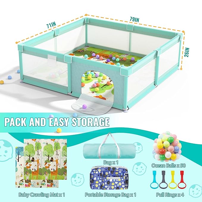 LUTIKIANG 79" x 71" Baby Playpen with Mat, Play Yard for Babies and Toddlers, Indoor/Outdoor Gate, Large Play Pen for Safety, Playtime, and Fun (Green)