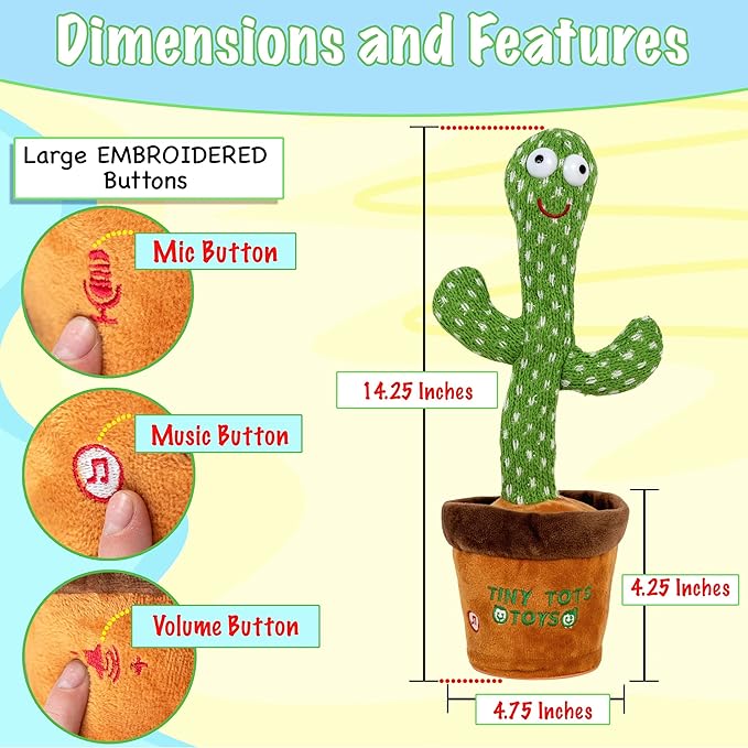 Dancing Cactus Mimicking Toy for Baby - Talking Cactus That Mimics and Sings - 125 Songs 35 Nursery Rhymes for Toddlers and Up | Repeats, Mimics and Wiggles with Dazzling LED Lights
