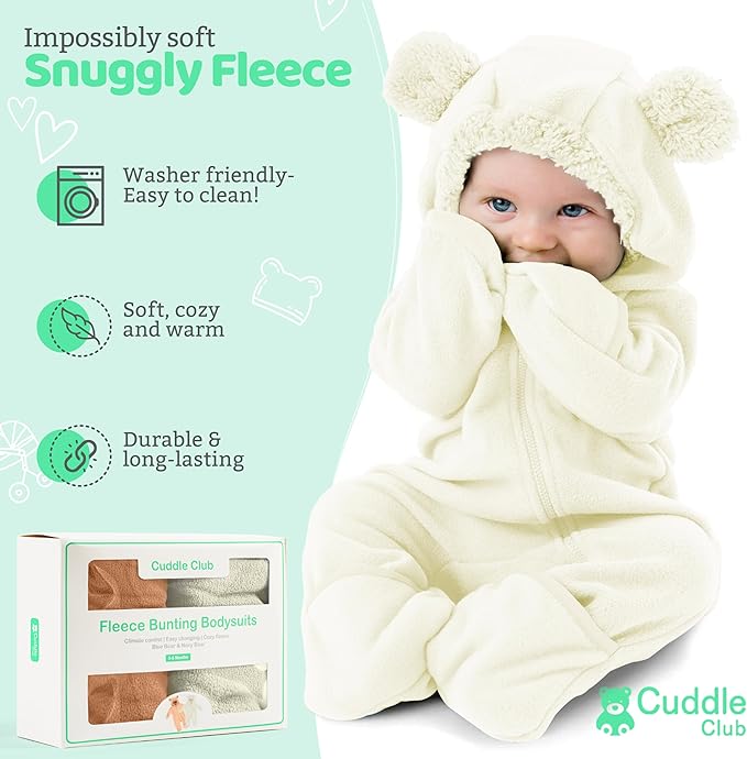 Cuddle Club Fleece Baby Bunting Bodysuit with Hood, Convertible Mittens & Booties, Car Seat Friendly, Soft & Warm, Easy Zip