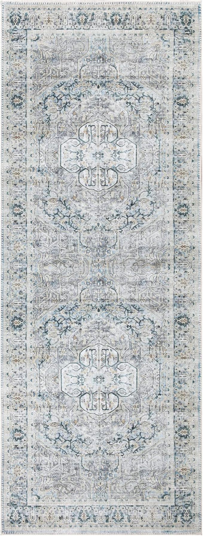 Bloom Rugs Washable Non-Slip 7 ft Runner - Cream/Light Blue/Teal Traditional Medallion Runner for Entryway, Hallway, Bathroom, and Kitchen - Exact Size: 2.5' x 7'