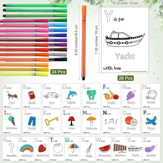 Geelin 51 Pcs Fun Baby Shower Game Activities First ABC Book Sign Coloring Game Card 26 Alphabet a to Z Coloring Card with 24 Watercolor Pen Storage Bag for Baby Shower Party(Safari)