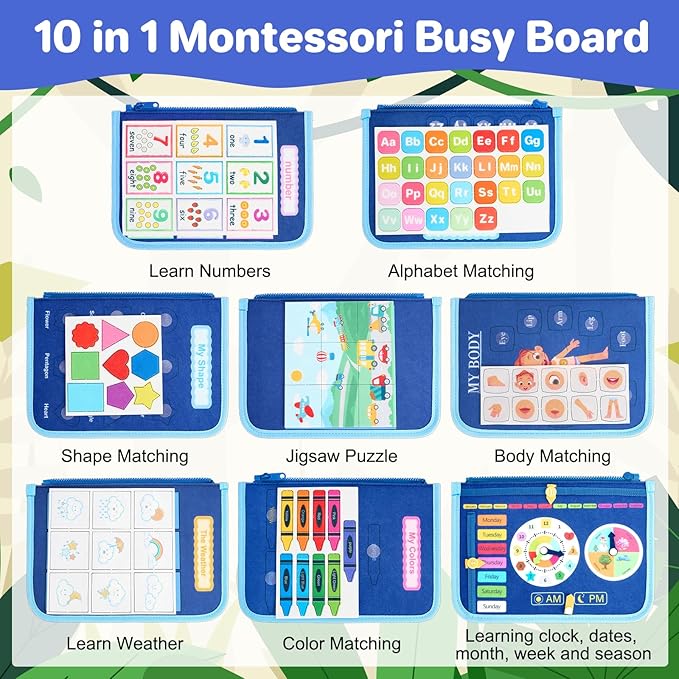Toddler Busy Board Montessori Toys, Sensory Toys for 1 2 3 4 Year Old Boy, Busy Book Travel Educational Activities for Learning Fine Motor Skills Birthday Gifts (Blue Dinosaur/P10)