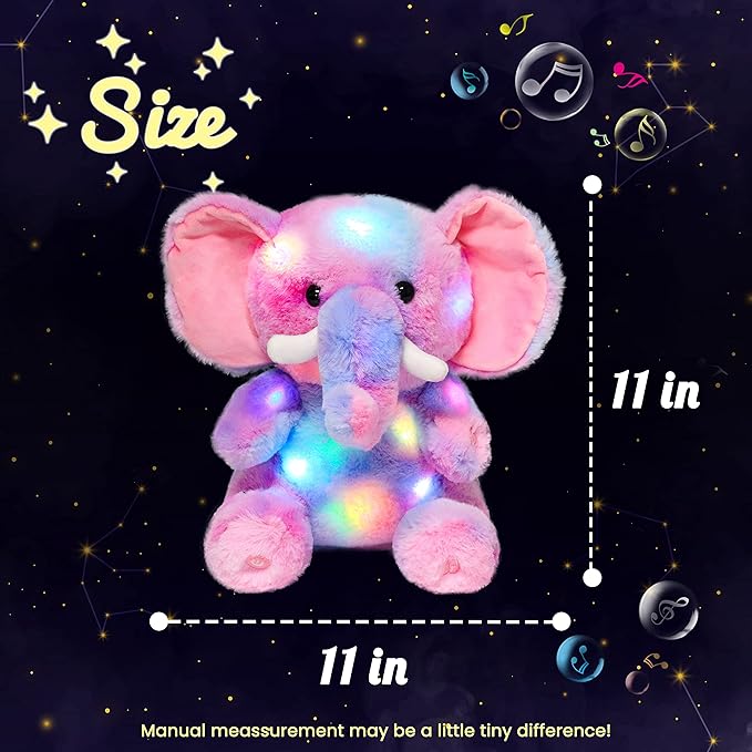Hopearl Colorful LED Musical Stuffed Elephant Light up Singing Plush Elephish Adjustable Volume Lullaby Animated Soothe Birthday Festival for Kids Toddlers, Rainbow, 11''