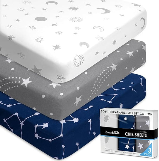 Fitted Unisex Crib Sheets (3 Pack) by GROW WILD - Jersey Knit Cotton Crib Sheets for Boys or Girls, 52” x 28” x 9” Crib Bedding Set (Moon, Stars and Constellation)