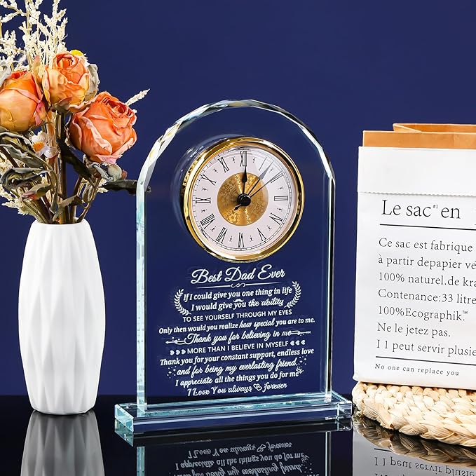 Glass Clock Gifts for Dad from Son Daughter Personalized I Love You Gift for Dad Who Has Everything on Birthday Father's Day, Presents for Daddy on Christmas Home Desk Clock
