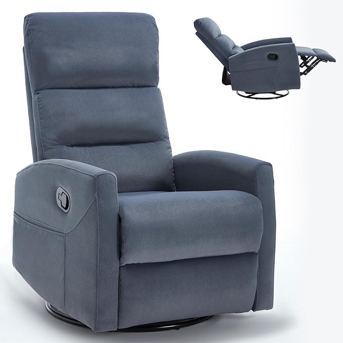 360° Swivel Rocking Chair for Nursery, Manual Glider Chair Nursing Chair with Side Pockets, Polyester Glider for Living Room, Heavy Duty Motion Mechanism, Blue Gray