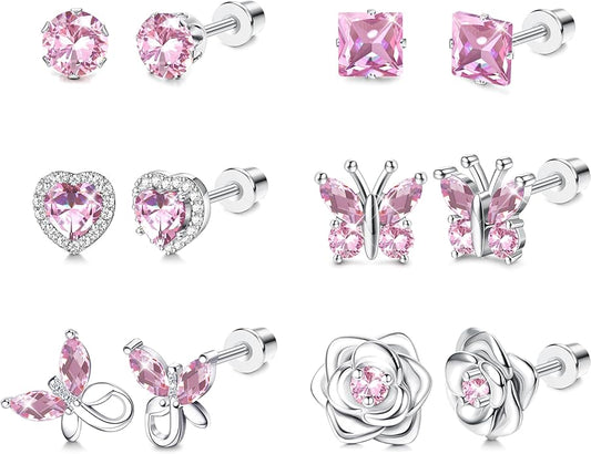 THUNARAZ Hypoallergenic Screw Back Earrings for Girls Women Surgical Stainless Steel Stud Earrings for Sensitive Ears Cute Butterfly Flower Heart CZ Screwback Earring Kid Toddler Girls Jewelry Gift