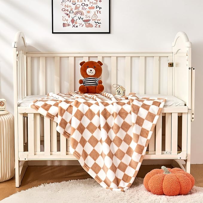 Yurhap Checkered Baby Blanket Fleece Baby Blankets Neutral for Boys Girls, Super Soft Warm Lightweight Infant Toddler Newborn Receiving Blankets for Crib Stroller, 30''x40'', Khaki