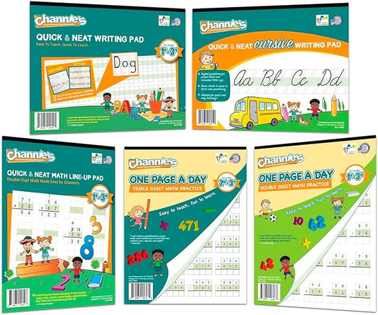 Best value Channie’s Visual Math, Handwriting, and Cursive Bonus Pack of 5 Separate Workbooks, Grades 1st – 3rd, With FREE Alphabet Card - Learning Workbook for Homeschool and After School