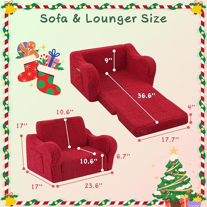 Kids Chairs for Toddler, 2-in-1 Toddler Soft Sherpa Couch Fold Out, Convertible Sofa to Lounger for Girls and Boys, Christmas Decor, Red