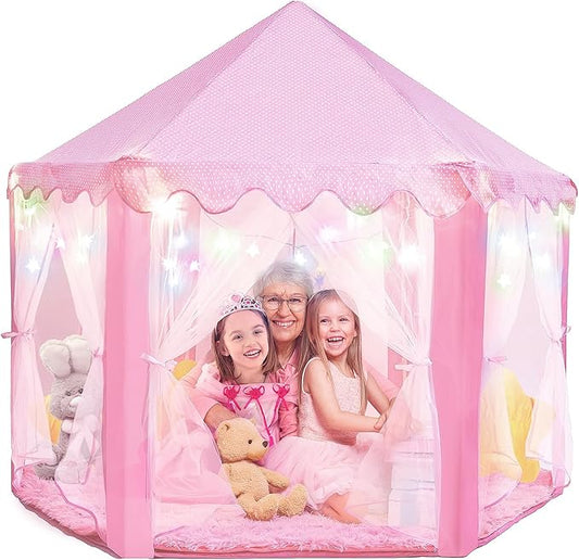 PLAYVIBE Princess Tent - 55 x 53 in Indoor Playhouse - Kids Tent with Starry LED Lights & Toddler Playhouse
