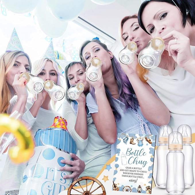 TrelaCo Cool Baby Shower Games Bottle Chug Sign and 12 Pcs Baby Bottle Shower Favor for Games Gender Reveal(Blue,Little Cowboy)