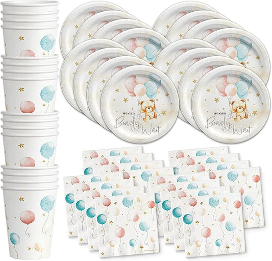 Teddy Bear Party Supplies - Bear Baby Shower Tableware Set Includes Plates Cups and Napkis (48 Piece, We Can Bearly Wait)