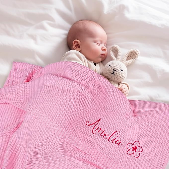 Personalized Baby Blanket with Embroidered Name, Custom Baby Blanket for Boys Girls, 30x40in Customized Baby Receiving Blankets, Personalized Christmas Birthday Boys Girls Newborn Gifts (Pink)
