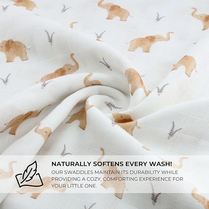 Featherhead™ 4-Pack 100% Cotton Muslin Swaddle Blankets for Baby Girl - Large 47”x 47” - Pre-Washed, Soft, & Breathable - Newborn Essential & Perfect Baby Registry Gift (4 Pack - Elephant)