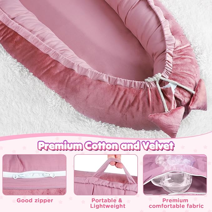 Baby Lounger - Baby Lounger for Newborn 0-24 Months, Breathable & Soft Cotton and Velvet Cover Baby Nest, Portable Cozy Infant Lounger for Home and Travel, Ideal Baby Essentials & Shower Gifts