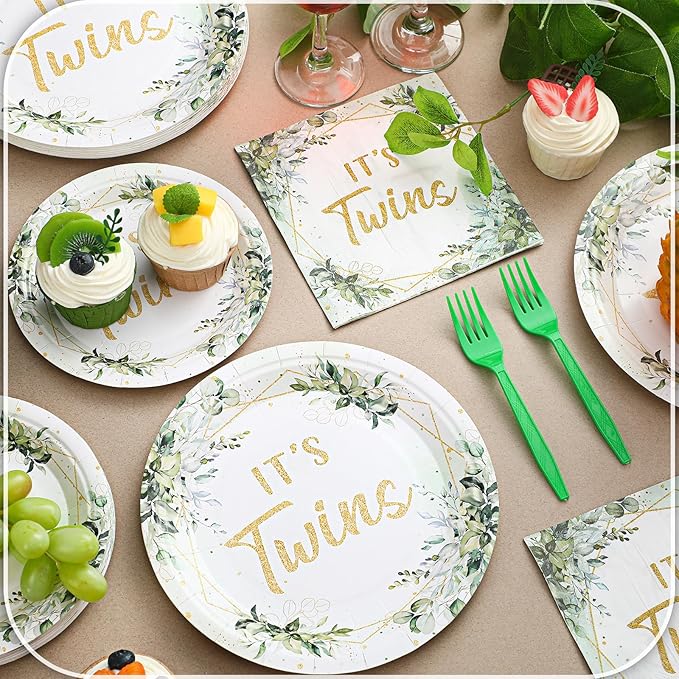 Zhehao 96 Pcs Twins Baby Shower Decorations Supplies Twins Cuties Baby Shower Tableware Set Eucalyptus Leaf Orange Strawberry Themed Plates Napkins Forks for 24 Guests(Eucalyptus Leaf)