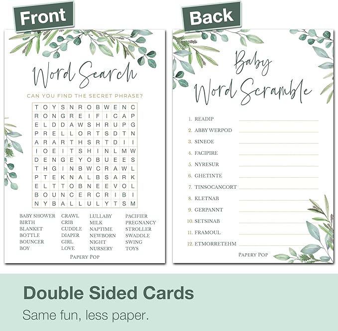 Papery Pop Baby Shower Games - Set of 4 Games for 25 Guests - Double Sided Cards - Eucalyptus
