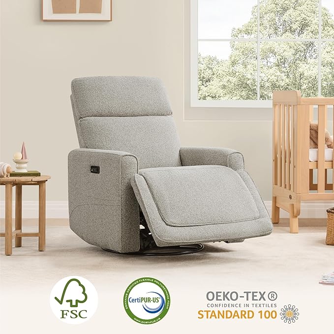 CHITA Electronic Power Recliner Chair Swivel Glider, FSC Certified Modern Nursery Rocking Chair with USB and Type-C Ports, Light Grey