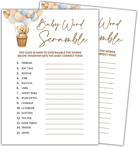 Bear Balloon 30 Baby Word Scramble Game Cards with 1 Answer Card, We Can Bearly Wait Gender Reveal Party Supplies Favors (5"x7") - E01