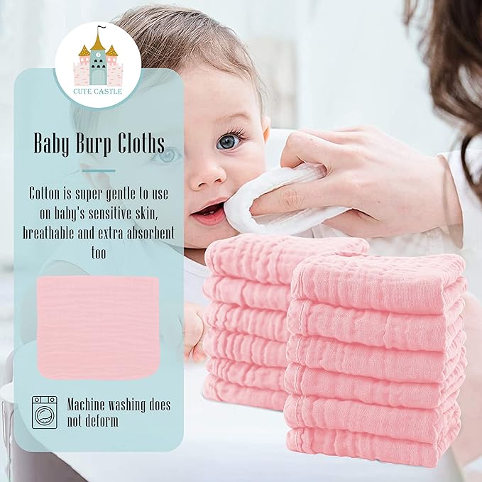 24 Pack Muslin Burp Cloths for Baby - Ultra-Soft 100% Cotton Baby Washcloths - Large 20'' by 10'' Super Absorbent Milk Spit Up Rags - Burpy Cloths for Unisex, Boy, Girl - Pink