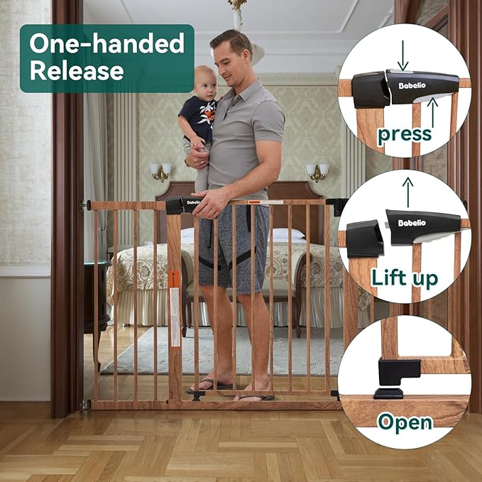 Mom's Choice Award Winner-BABELIO 29-55'' Extra Wide Baby Gate with Wood Pattern, Metal Pressure Mounted Dog Gate, for Stairs & Doorways, No Tools Required