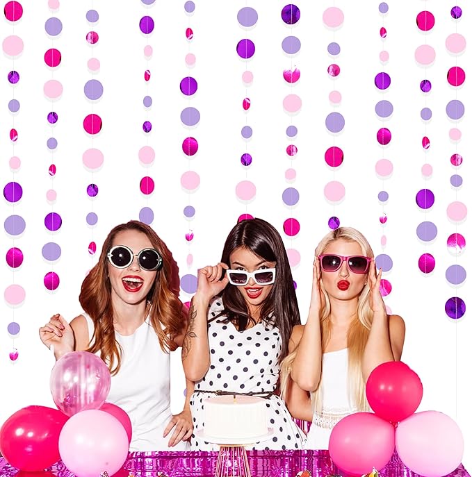 Pink and Purple Party Decorations Circle Dots Garland Hot Pink Lavender Hanging Polka Dot Streamer for Girls Birthday Baby Shower Bridal Shower Wedding Bachelorette Anniversary Party Supplies