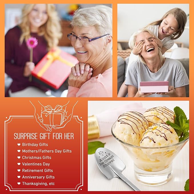 Mothers Day Aunt Birthday Gifts for Auntie from Niece Nephew Best Aunt Ever Ideas Funny Aunt's Ice Cream Shovel Spoon Retirement Gift for Aunts Uncle Matching Presents Easter Christmas Anniversary
