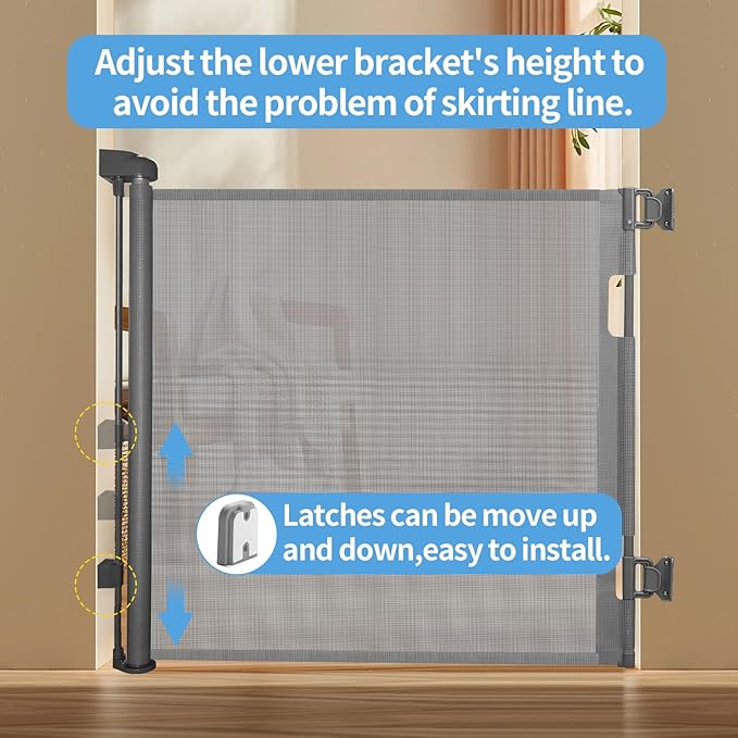 2-Pack Retractable Baby Gate for Stairs-33”Height, Expands up to 55”Width-Safety Gate for Infants, Toddlers, Dogs & Pets-Easy Install, Secure Closure, Gray Mesh Design for Indoor & Outdoor Use