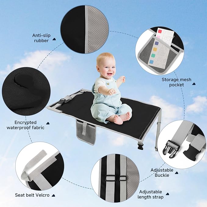 Toddler Airplane Bed, Portable Airplane Seat Extender for Kids, Durable Oxford Cloth – Waterproof and Easy to Clean, Flight Accessories for Toddlers Aged 1–4, Carry-On Compatible, Black
