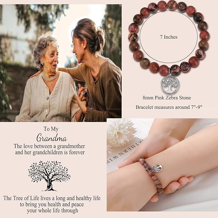 QWNHONEY Mothers Day Gift for Grandma Mom Mother in Law Sister in Law Bonus mom Granny Nana Valentine's Day Birthday Anniversary Pink Red Natural Stone Tree of Life Bracelet
