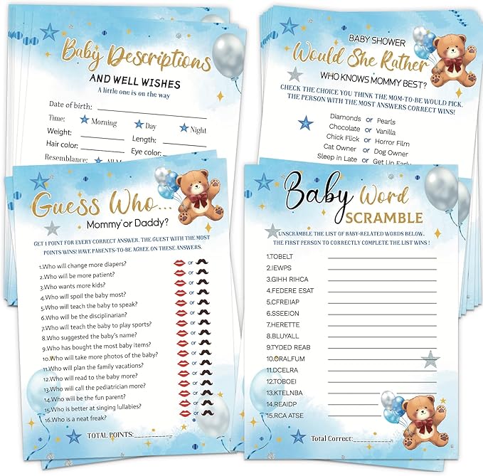 HOMANGA Baby Shower Games for Boy Girl, 4 Fun Games for 25 Guests, Who Knows Mommy Best, Guess Who Mommy or Daddy, Word Scramble, Baby's Descriptions & Well Wishes, Blue Bear Baby Showers Decorations