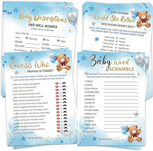 HOMANGA Baby Shower Games for Boy Girl, 4 Fun Games for 25 Guests, Who Knows Mommy Best, Guess Who Mommy or Daddy, Word Scramble, Baby's Descriptions & Well Wishes, Blue Bear Baby Showers Decorations