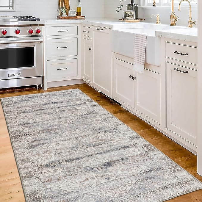 ReaLife Rugs Machine Washable Area Rug - Living Room Bedroom Bathroom Kitchen Entryway Office - Padded Low Pile Stain Resistant Premium - Boho Farmhouse Vintage - Lia - Ivory Beige Gray 2'6" x 8'