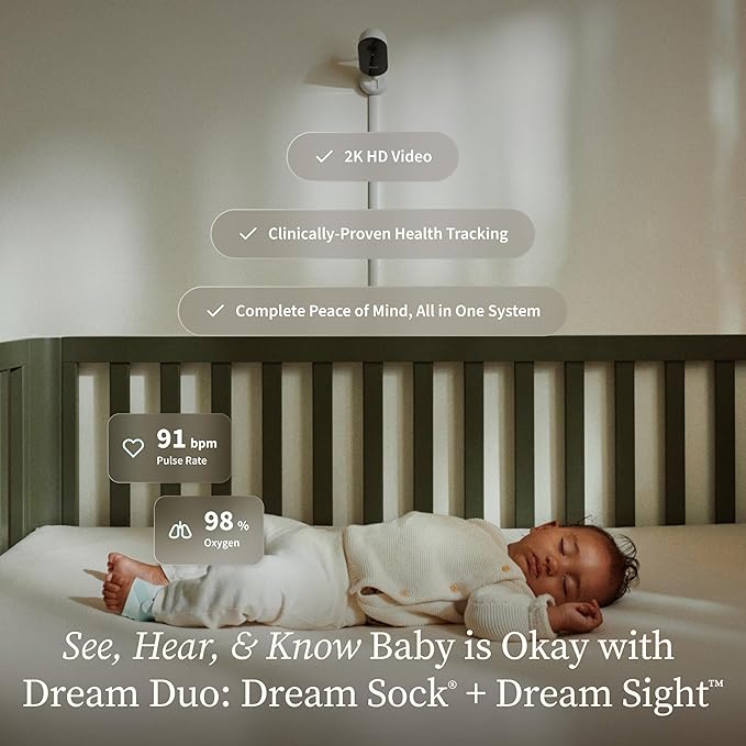 Owlet Dream Duo (3rd Gen) – FDA-Cleared Smart Baby Monitor with Sock & HD Video Cam, Tracks Pulse Rate, Oxygen & Sleep, 2K HD Video, Cry & Motion Alerts, Temp Monitoring - Mint