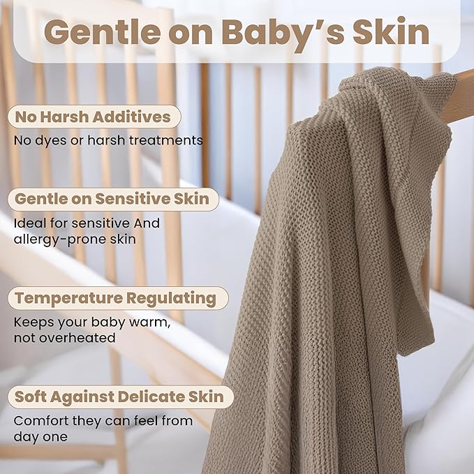 100% Organic Cotton Baby Knitted Blanket with Gift Box - Soft Toddler, Crib, Stroller Blanket - Neutral Swaddle and Receiving Blanket for Newborns, 30"x40", Mocha Meringue