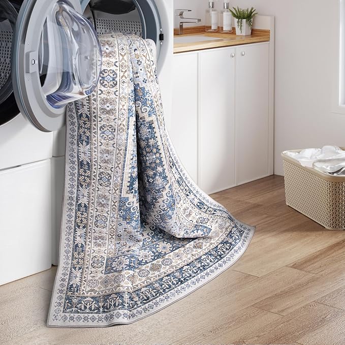 zesthome 10x14 Area Rugs,Stain Resistant Washable Rug,Ultra-Thin Rugs for Living Room,Bedroom,Non-Slip Backing Home Decor Large Area Rug (Blue/Beige,10'x14')