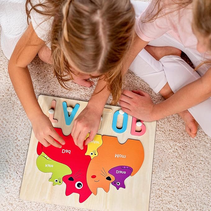 Name Puzzles for Kids Personalized Wooden Name Puzzles for Toddlers 1-3, Personalized Puzzle Cat Family Puzzle for Home Decor, First Birthday Gifts for Boys Girls, Personalized Gifts for Mom Dad Kids