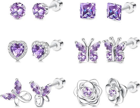 THUNARAZ Hypoallergenic Screw Back Earrings for Girls Women Surgical Stainless Steel Stud Earrings for Sensitive Ears Cute Butterfly Flower Heart CZ Screwback Earring Kid Toddler Girls Jewelry Gift