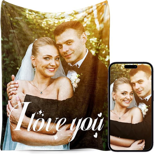 Custom Personalized 9 Photo Collage Blanket Thow Gifts with Text, Customized Pictures Blankets Gift for Christmas Birthday Thanksgiving Adults Kids Dad Mom Girlfriend Boyfriend (1 Grid Text)